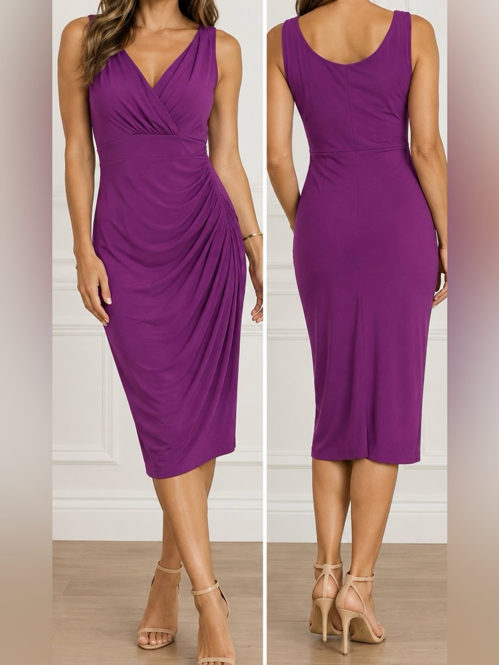 Lauren Ralph Lauren Purple Ruched Faux-Wrap Midi Dress